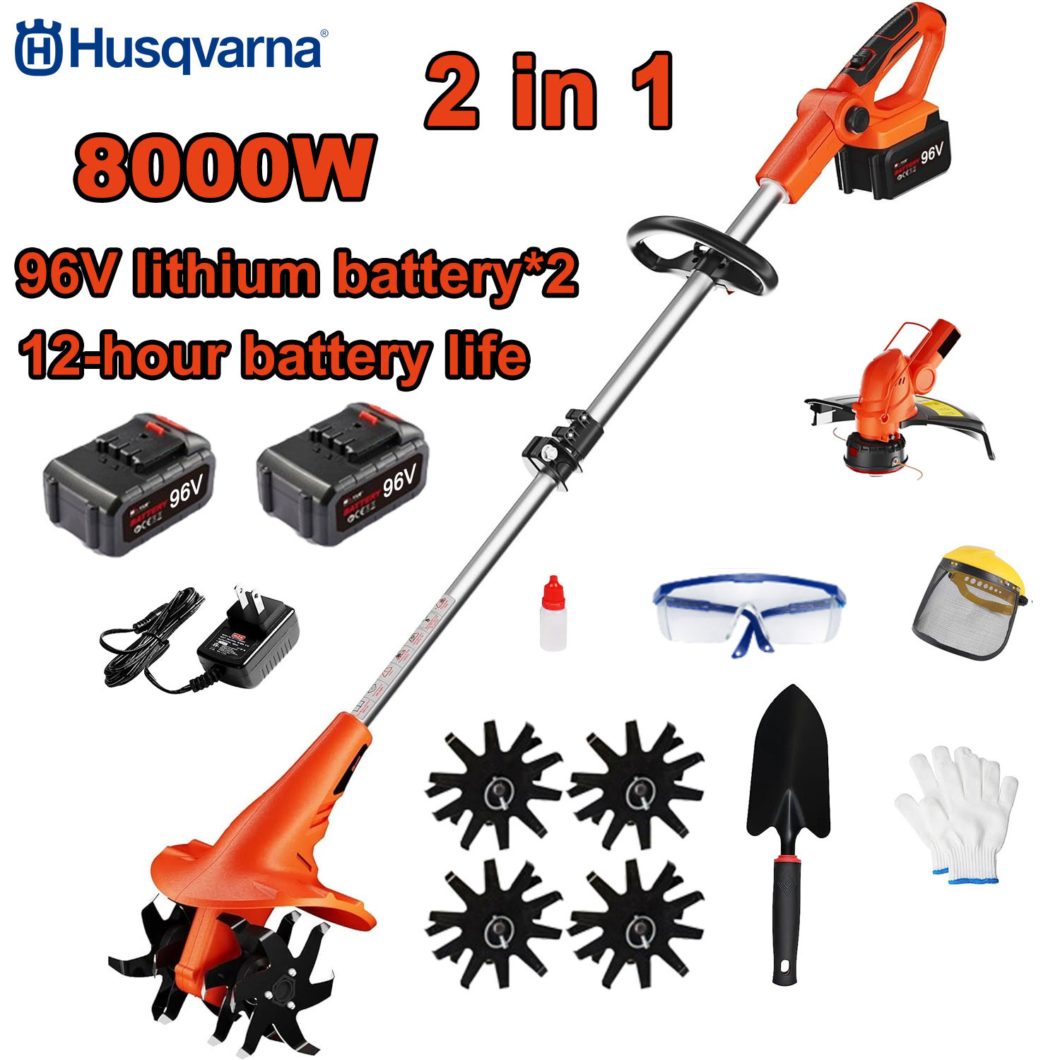 2-in-1-Elektro-Grubber 8000 W + 1 Schneidkopf + 2 96-V-Akkus + Schnellladung + Grubberklinge + komplettes Zubehörset