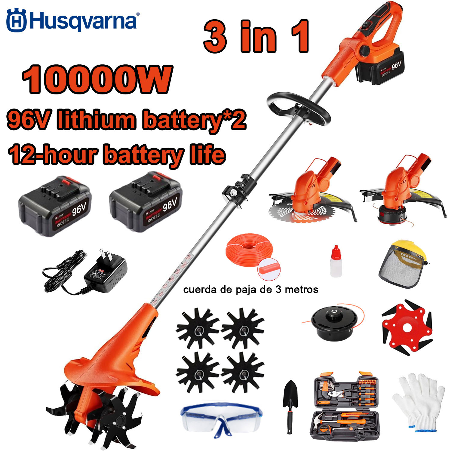 10000W Hochleistungs-Grubber 3-in-1 (Mähen, Fräsen, Rasentrimmen) + 96V Akku * 2 + Schnellladung + Grubbermesser + Schneidkopf + 3m Mähseil * 3 + Rasenmäher * 6, + komplettes Zubehörset