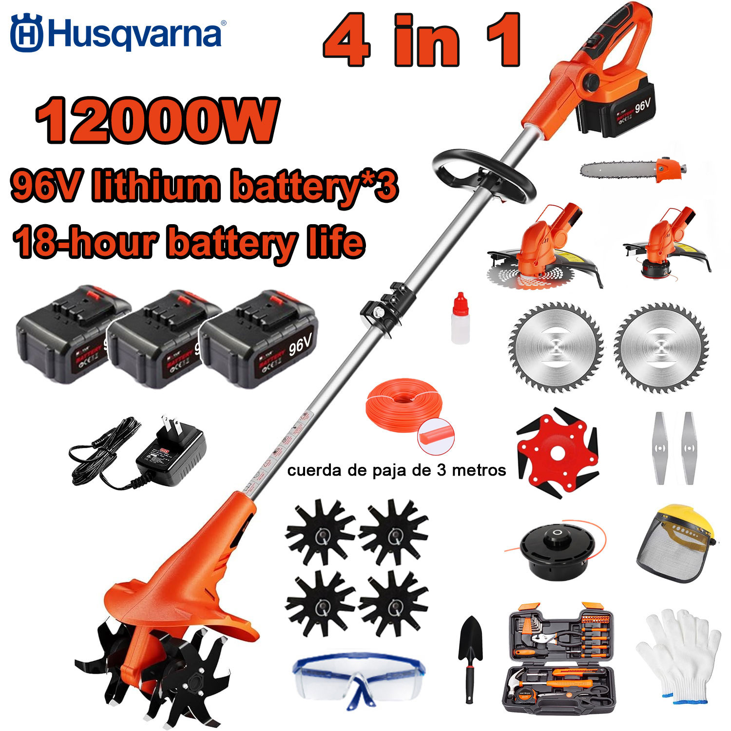 12000 W 4-in-1 Elektro-Grubber (Mähen, Baumschnitt, Bodenbearbeitung usw.) 96-V-Akku * 3 + Schnellladegerät + Grubber + Schneidkopf + 3 m Schneidseil * 3 + Legierungssägeblatt + Klinge * 6 + gerade Klinge + komplettes Zubehörset