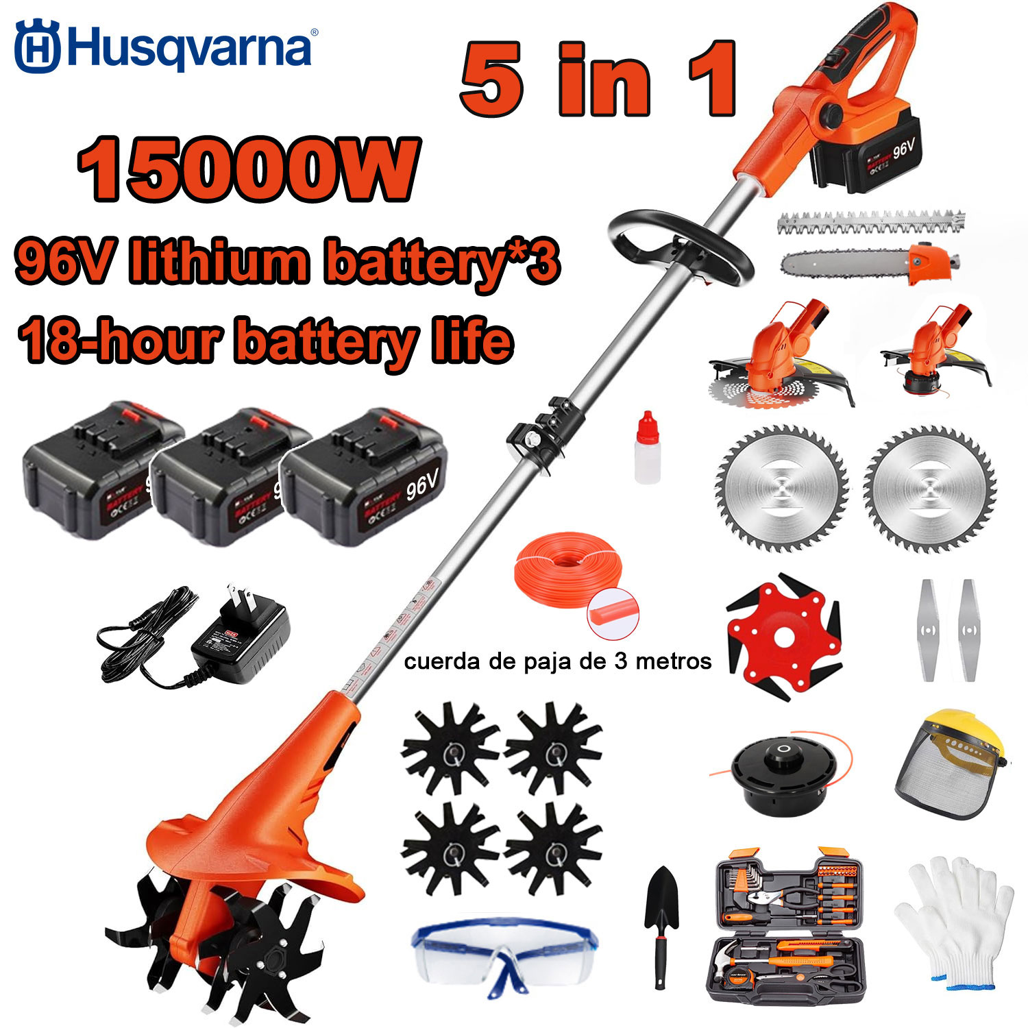 15000 W 5-in-1 Elektro-Grubber (Mähen, Baumschnitt, Bodenbearbeitung usw.) 96-V-Akku * 3 + Schnellladegerät + Grubber + Schneidkopf + 3 m Schneidseil * 3 + Legierungssägeblatt + Klinge * 6 + gerade Klinge + komplettes Zubehörset